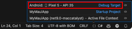 Captura de pantalla del destino de depuración en Visual Studio Code establecido en un emulador de Android.