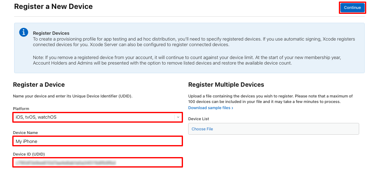 Para registrar un dispositivo, asígnale el nombre y escribe su identificador único de dispositivo.