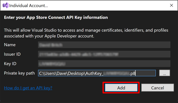 Agregar una cuenta desarrollador de Apple individual en Visual Studio.