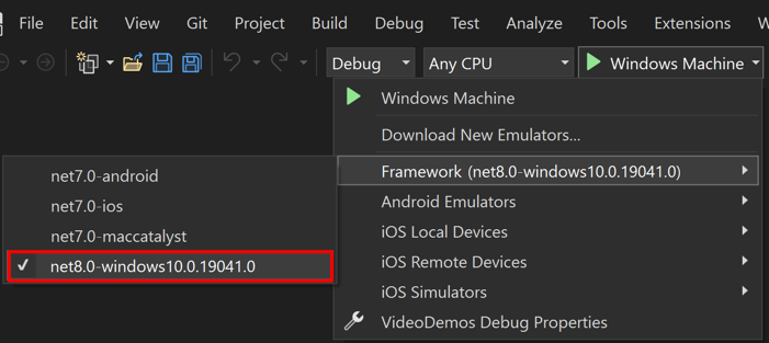 Destino de depuración de Visual Studio establecido en Windows para la aplicación .NET MAUI 8.