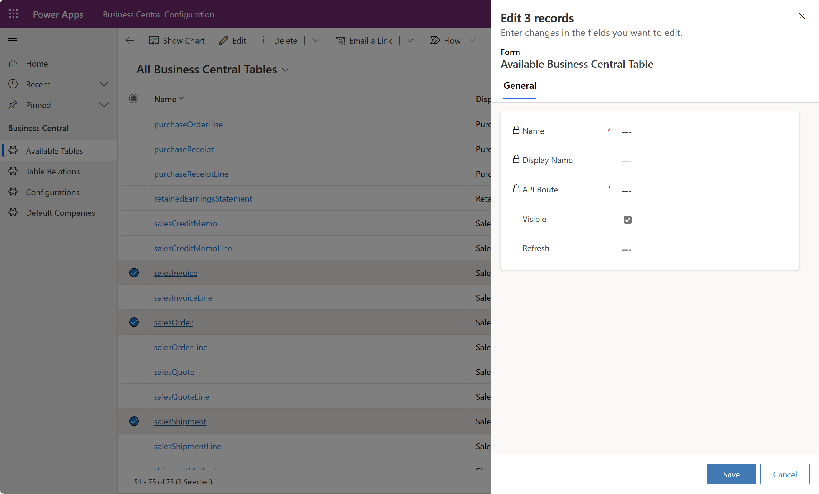 Screenshot of the Available Tables section in Business Central Configuration app