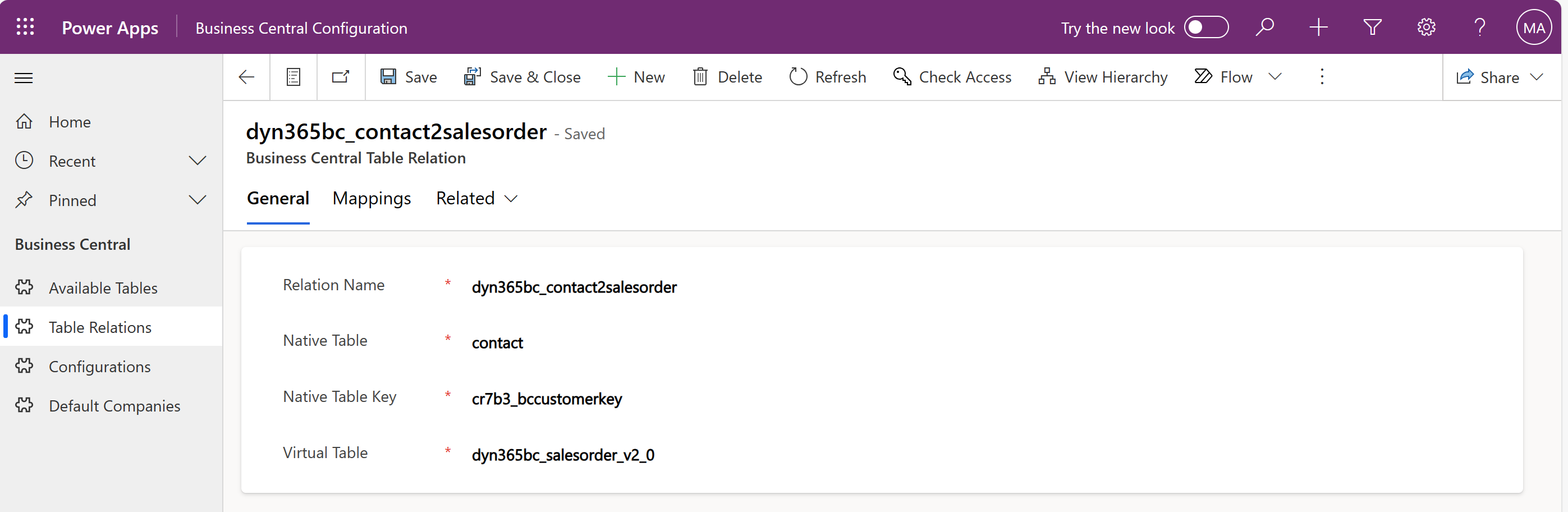 Screenshot of the Table Relations General tab in Business Central Configuration app