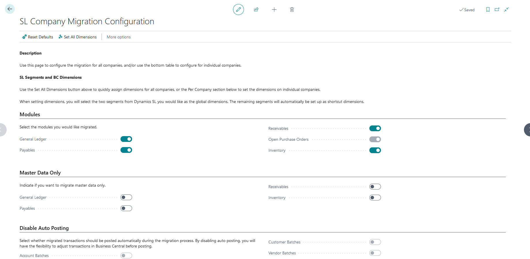 Shows SL company migration configuration page