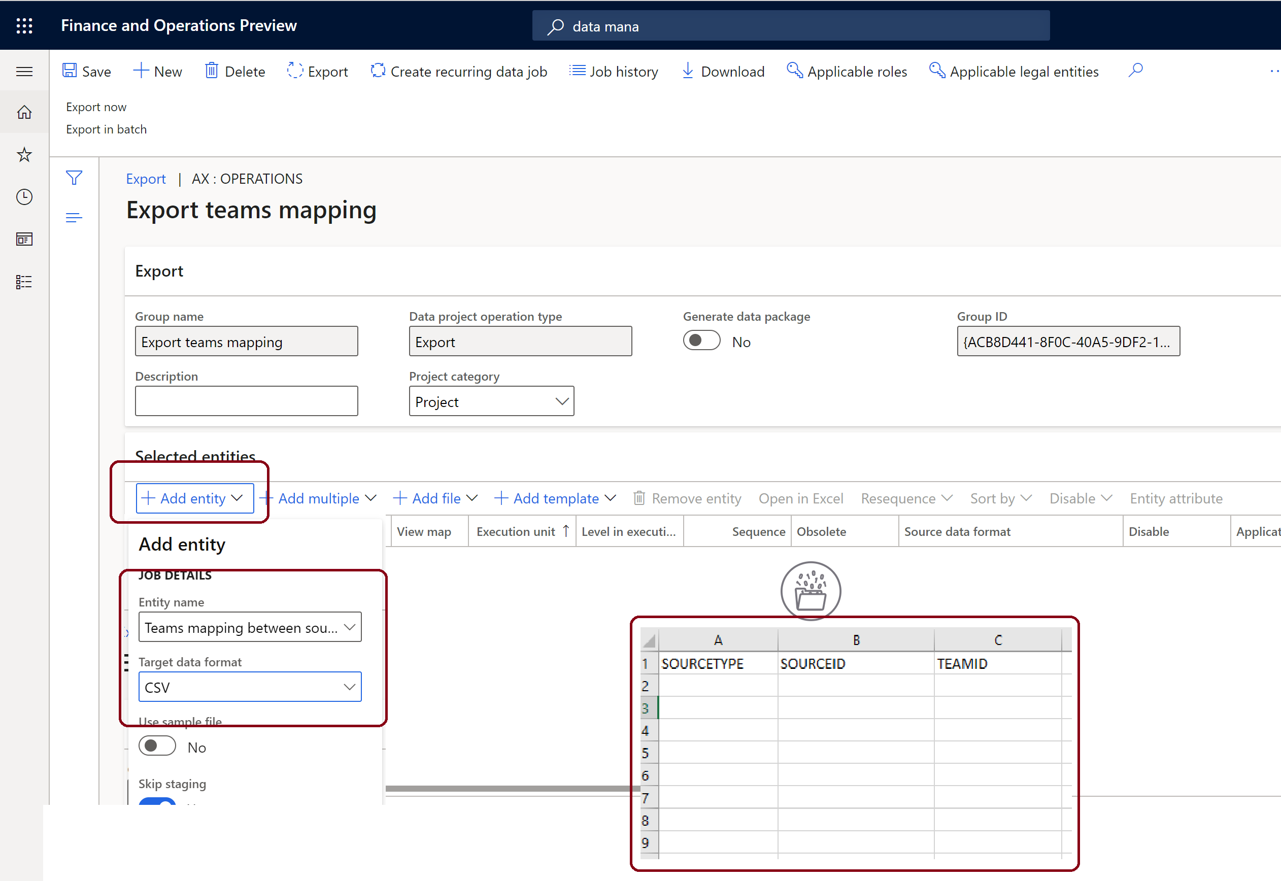 Exportar asignación de equipos en Commerce con elementos de agregar entidad y los encabezados del archivo CSV exportado resaltados.