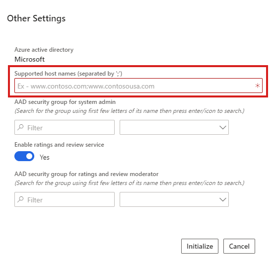 LCS e-commerce provisioning screen with the Supported host names box highlighted.