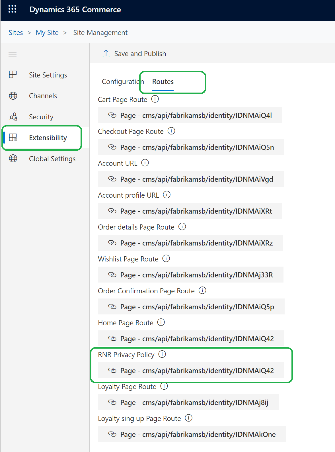 Configuración del vínculo para la página de directiva y privacidad.