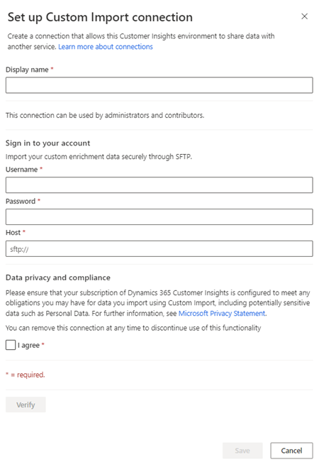 Página de configuración de conexión de Importación personalizada