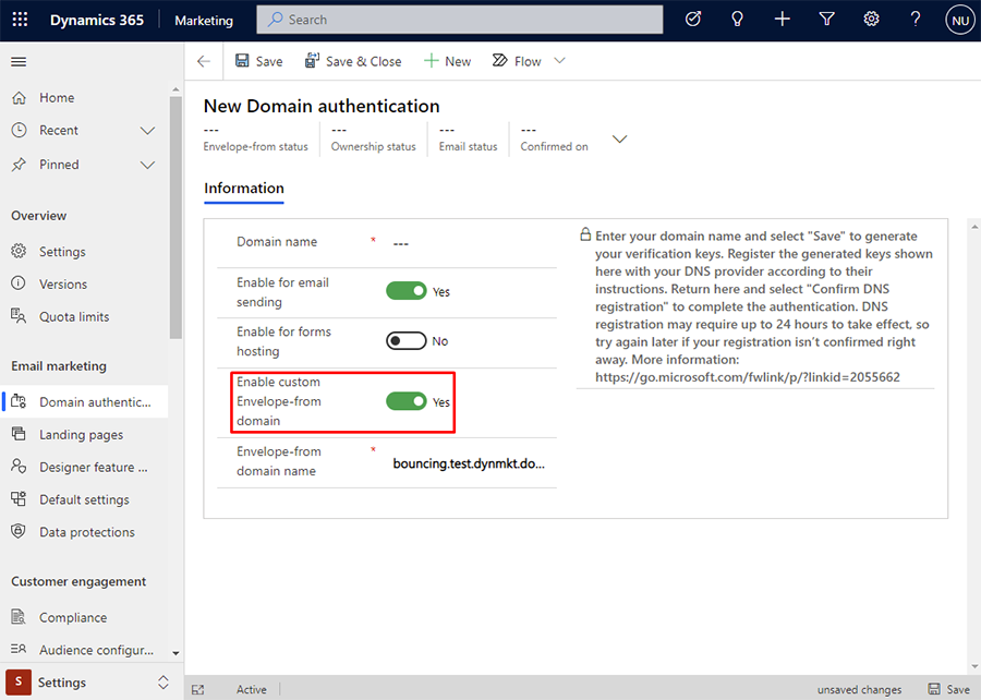 Captura de pantalla de Habilitar dominio personalizado de Envelope From.