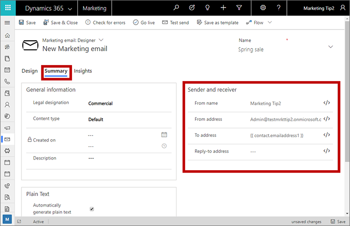 Configuración de remitente y destinatario para mensajes de correo electrónico.