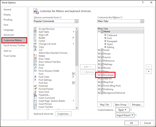 El cuadro de diálogo Personalizar cinta de opciones en Word.