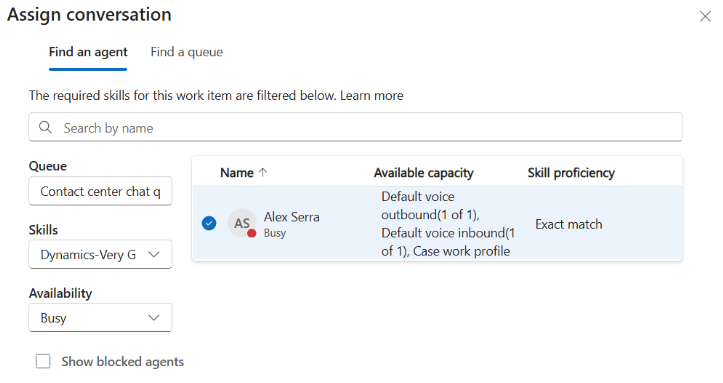 Captura de pantalla del cuadro de diálogo Asignar conversación, opción Buscar un agente