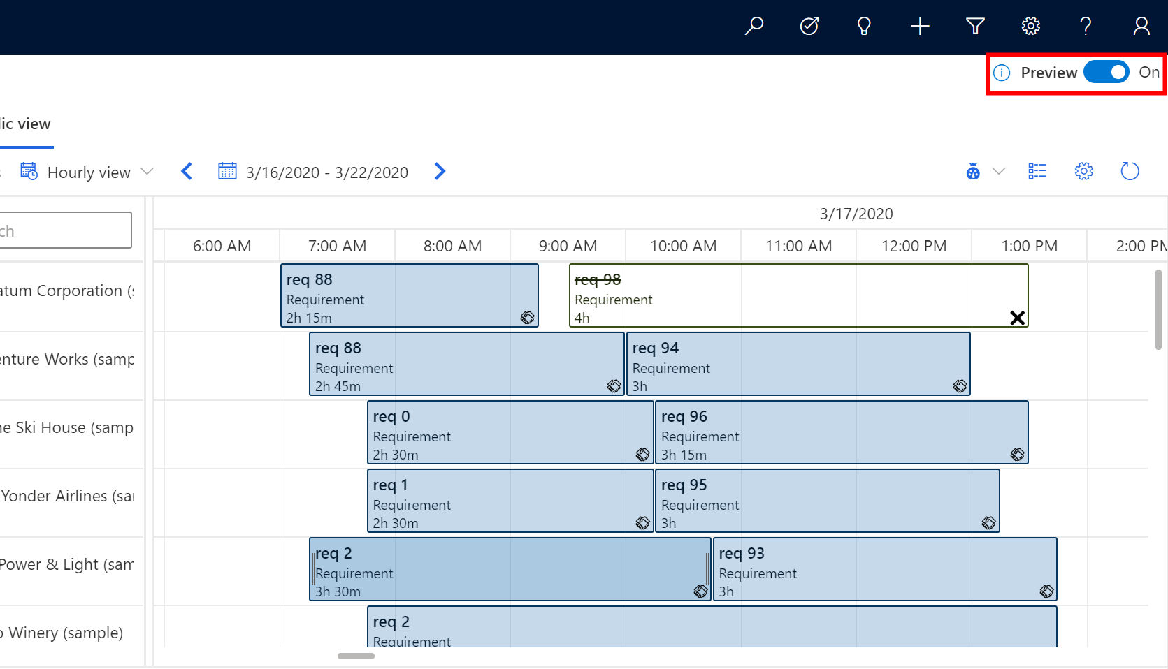 Captura de pantalla del tablero de programación que muestra el botón de alternancia de vista previa en la parte superior derecha establecido como 