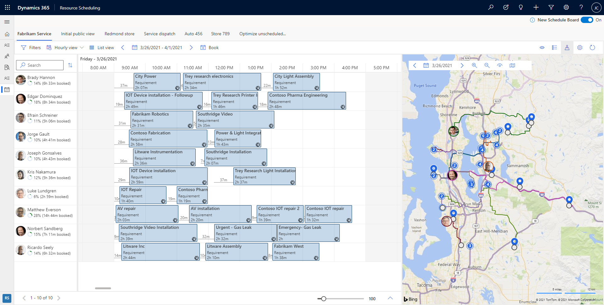 Captura de pantalla del tablero de programación con vista de mapa.