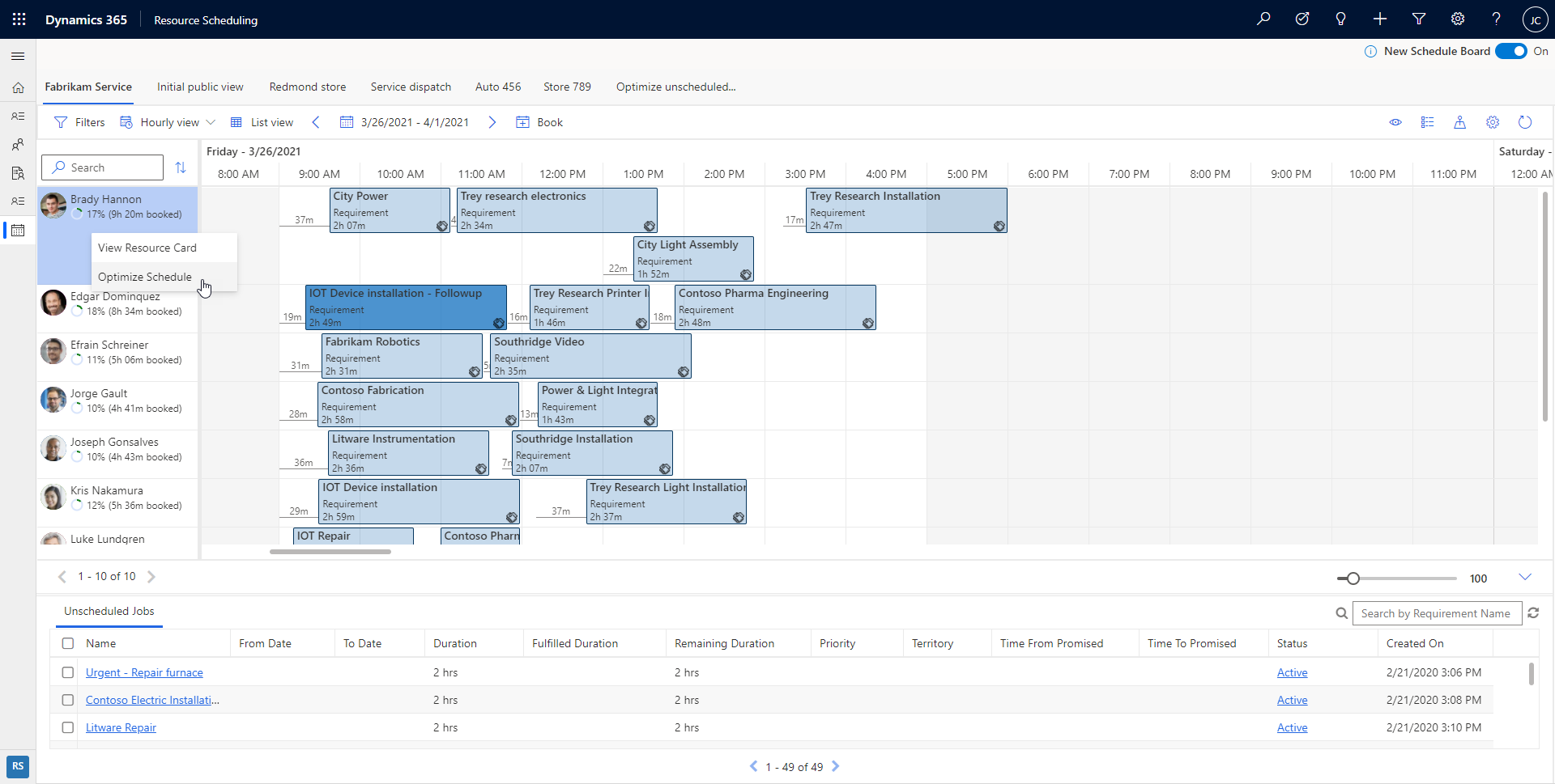 Captura de pantalla de programación de optimización de un recurso.