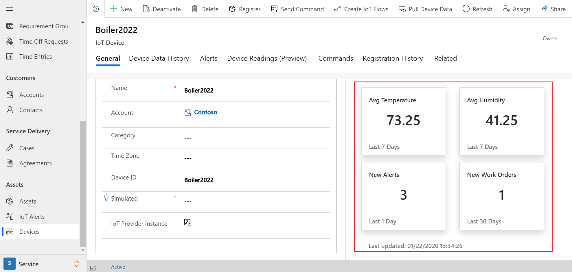 Captura de pantalla de un dispositivo de IoT en Field Service, mostrando lecturas agregadas.