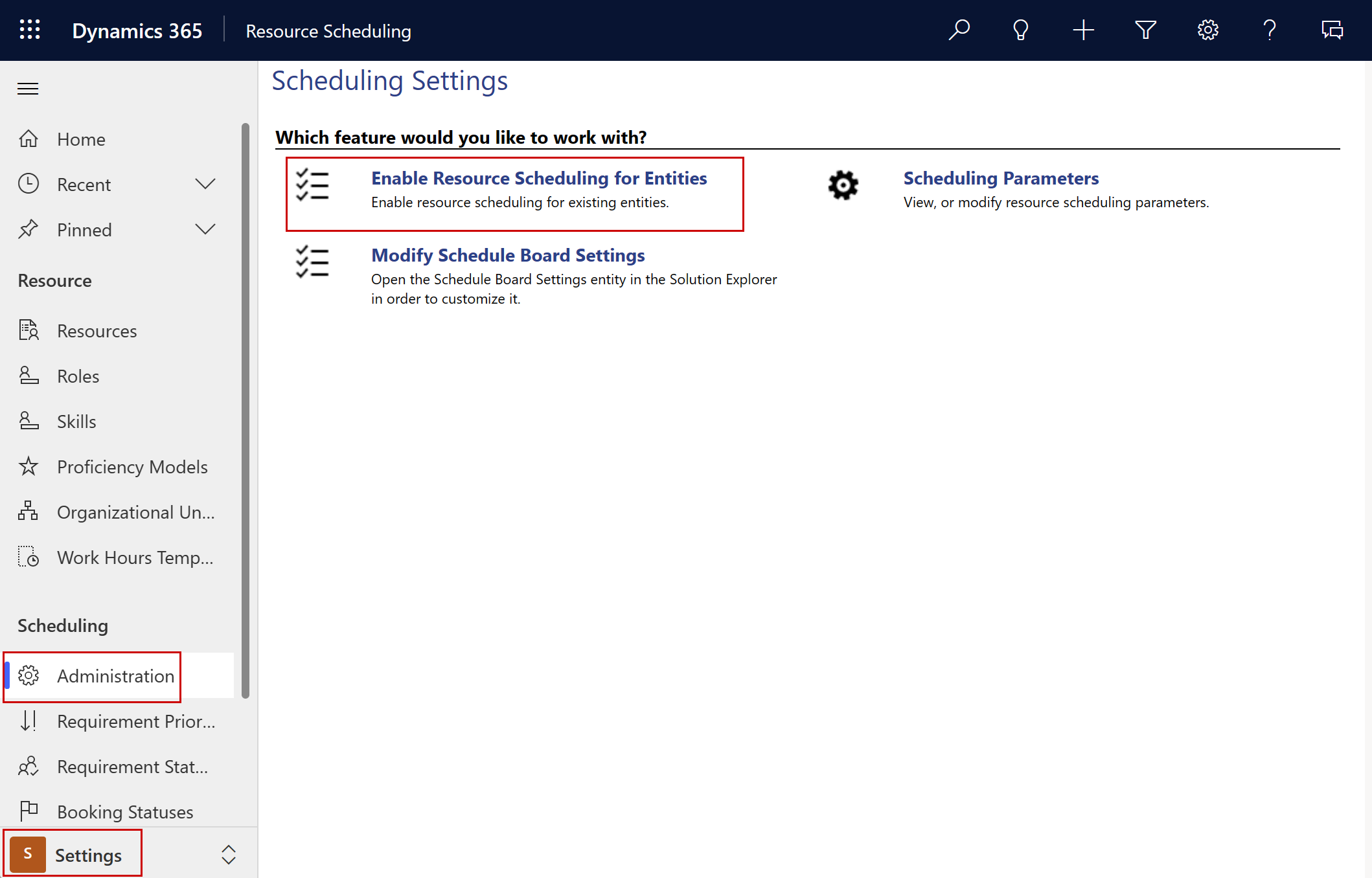 Captura de pantalla de configuración de programación que muestra la opción Habilitar programación de recursos para entidades.