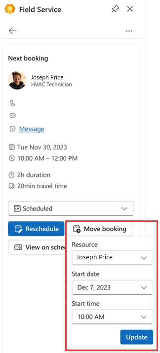 Captura de pantalla del panel Field Service en Outlook, con el elemento Mover reserva resaltado