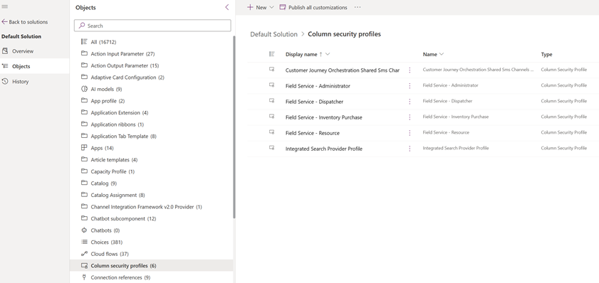 Captura de pantalla de PowerApps que muestra la selección Perfiles de seguridad de columna