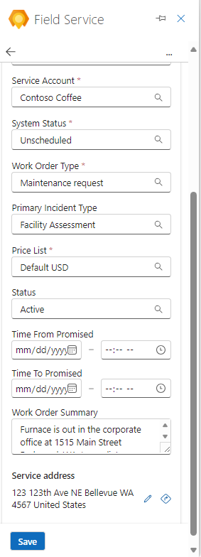 Captura de pantalla de los detalles de la orden de trabajo de Field Service Outlook