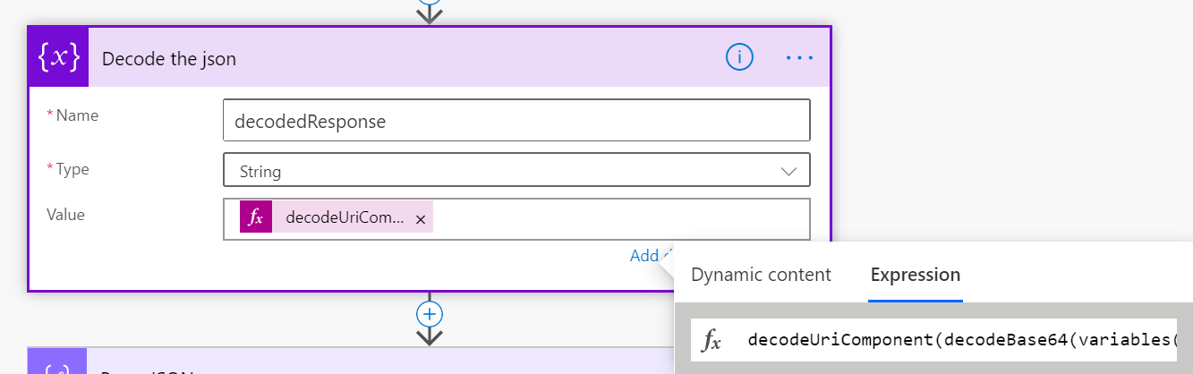 Captura de pantalla que muestra la parte Descodificar el json del flujo de Power Automate.