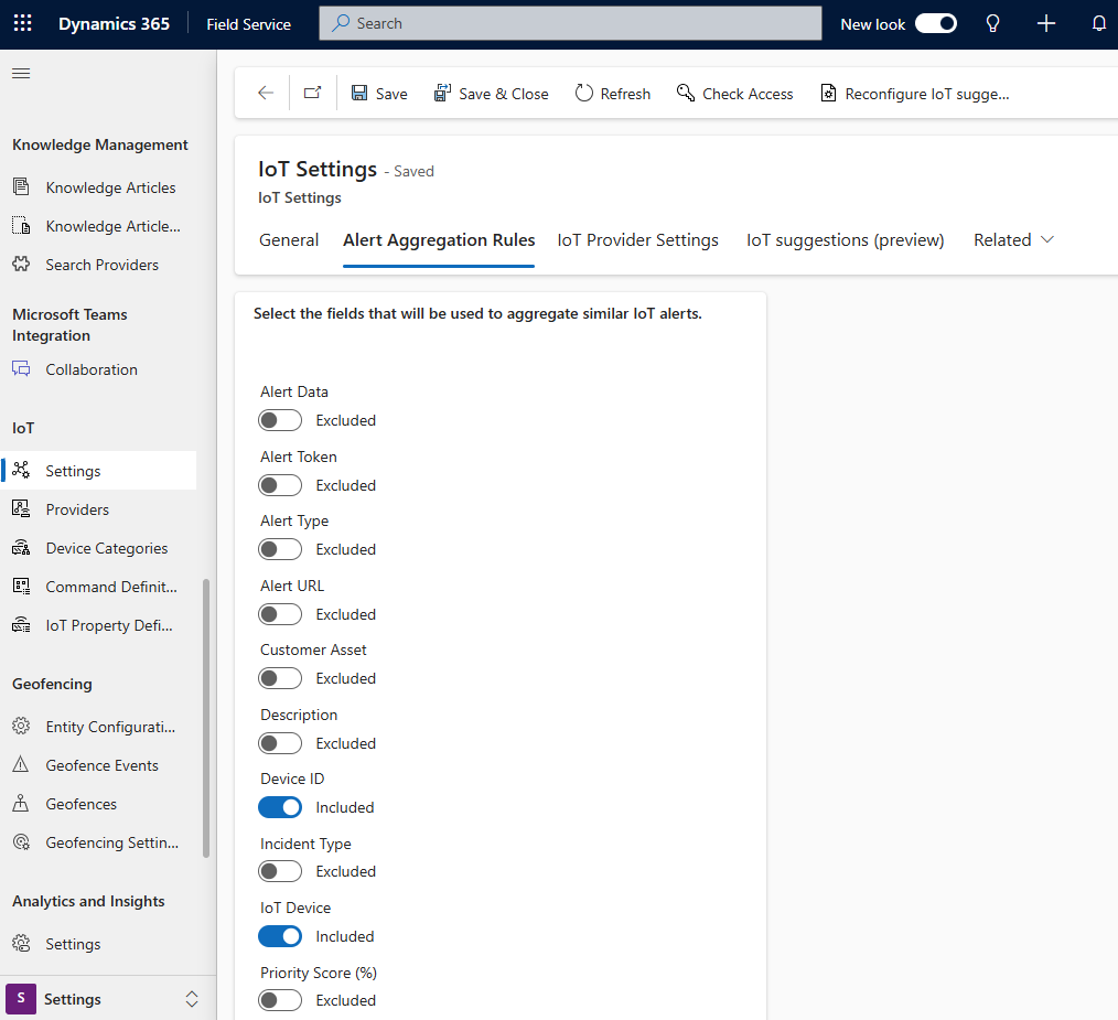 Configuración de IoT en Field Service, en la pestaña Reglas de agregación de alertas.