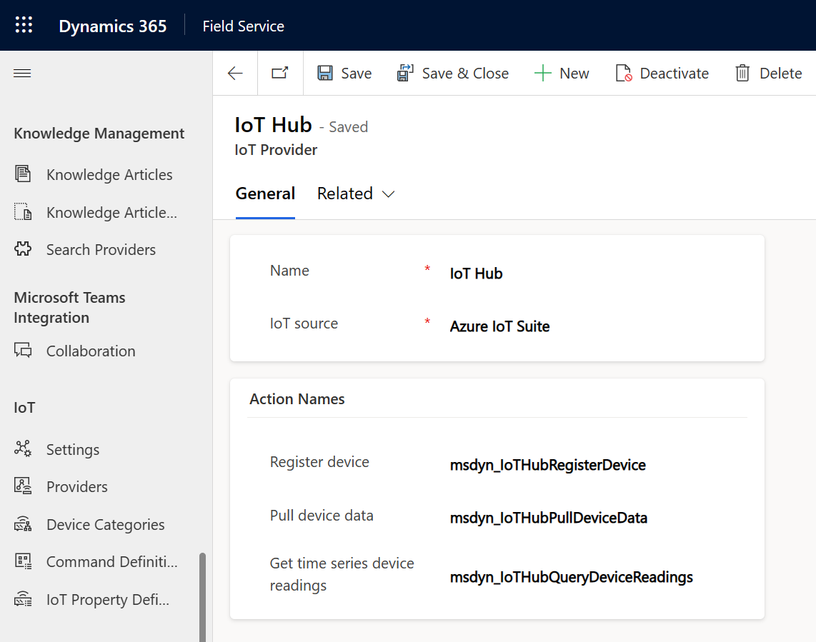 Captura de pantalla de un registro de proveedor de IoT.