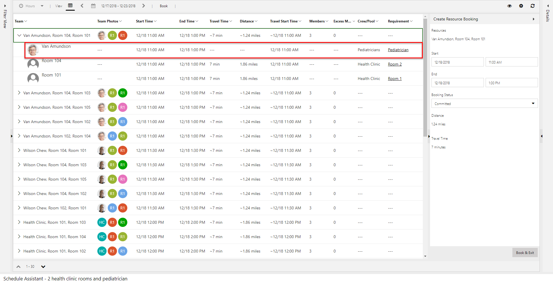 Captura de pantalla de resultados del asistente de programación con un recurso específico del doctor como opción que utiliza un grupo de pediatras.