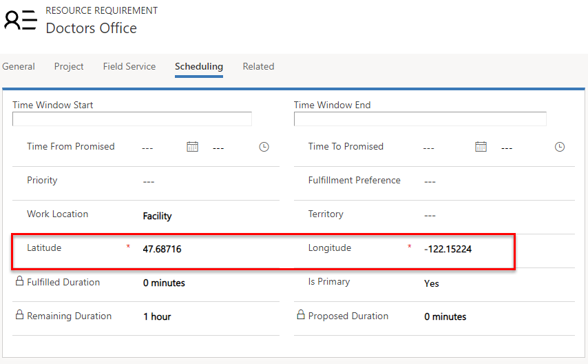 Captura de pantalla de ubicación del trabajo y latitud y longitud en el requisito.