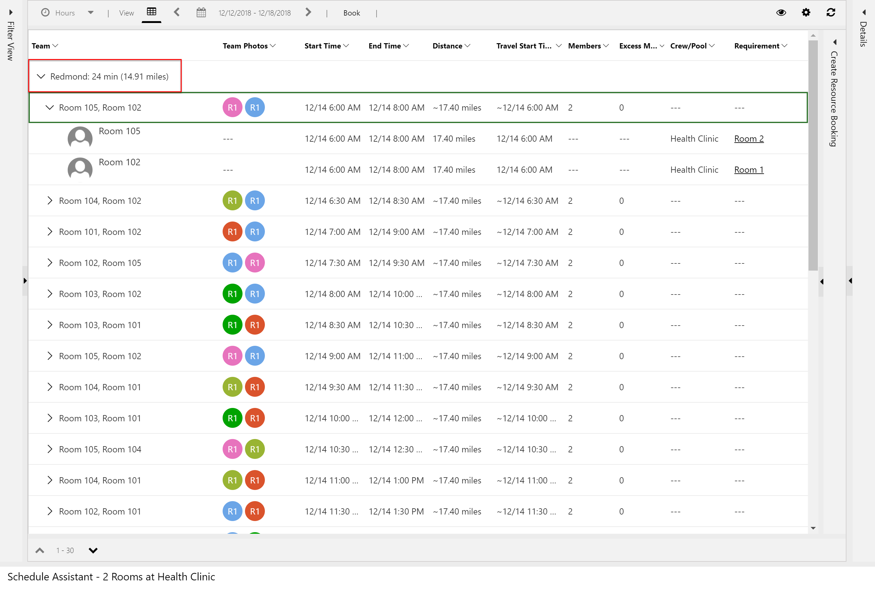 Captura de pantalla de resultados del asistente de programación que muestra pares de dos salas cada una en la misma ubicación.