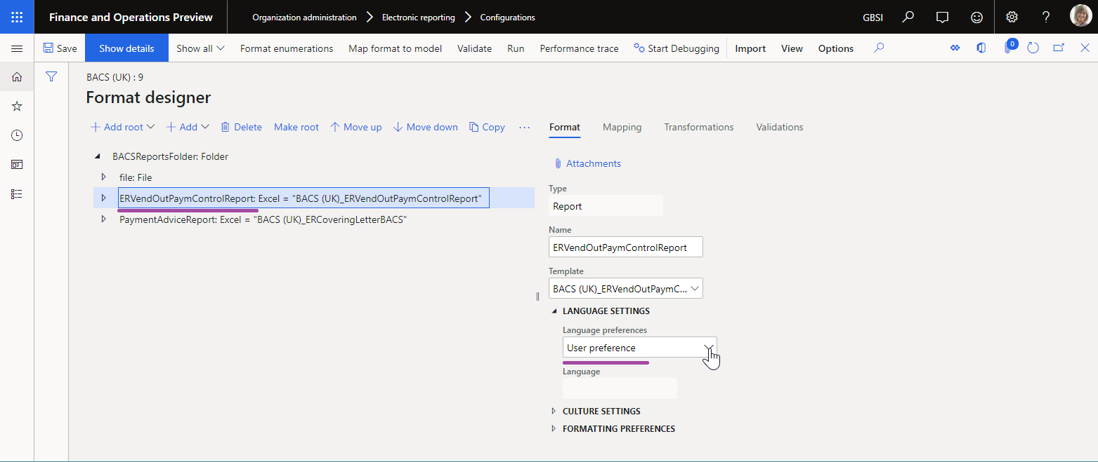 Configure el componente ARCHIVO en el diseñador de operaciones ER para generar el informe en el idioma preferido del usuario.