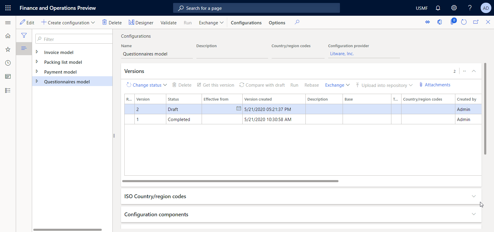 Versiones de la configuración editable en la página Configuraciones.