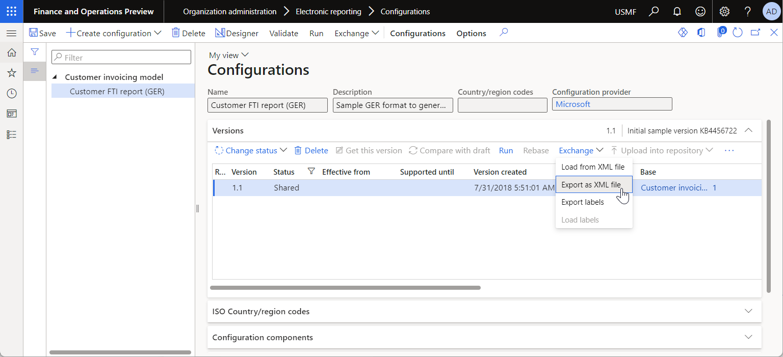 Exportación de una versión de la configuración de formato de ER como XML en la página Configuración.