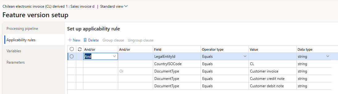 Captura de pantalla de la configuración en la pestaña Reglas de aplicabilidad de la página Configuración de la versión de características