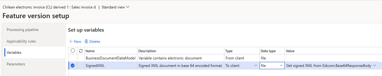 Captura de pantalla de la configuración en la pestaña Variables de la página Configuración de la versión de características