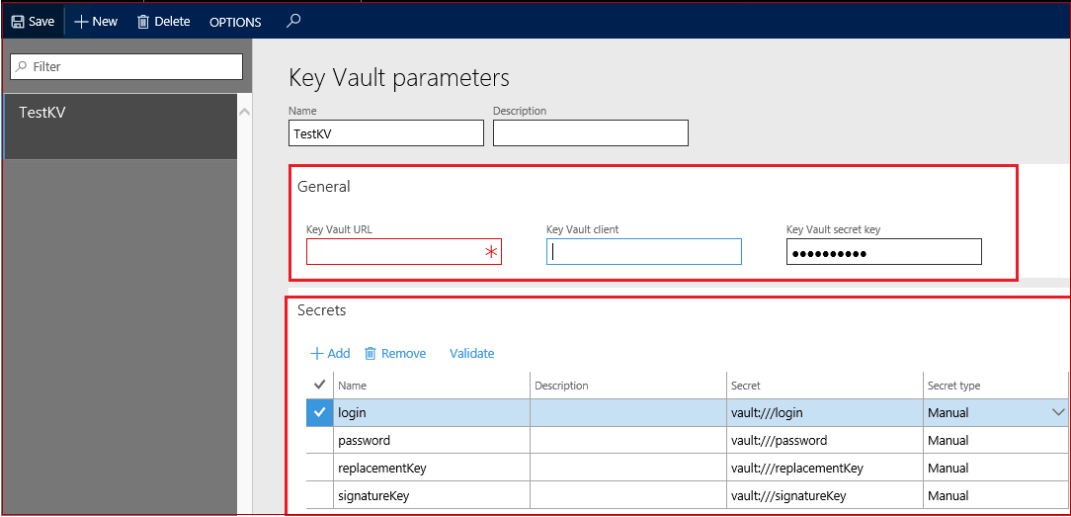 Key Vault parameters page.