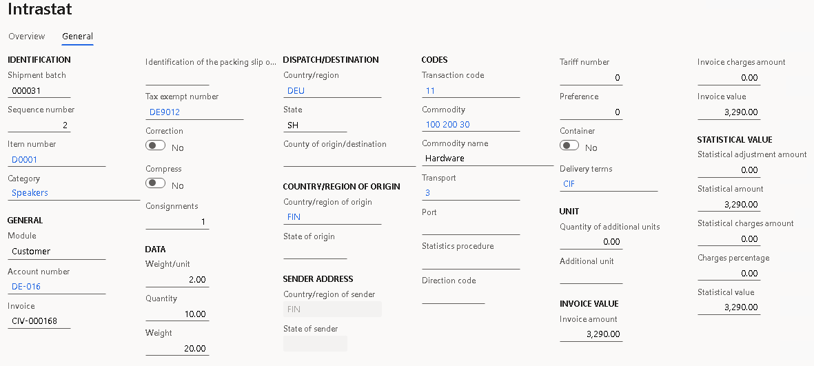 Sales order details on the General tab of the Intrastat page