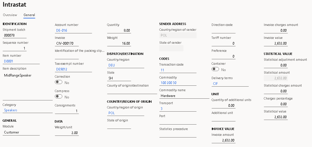 Sales order details on the General tab of the Intrastat page