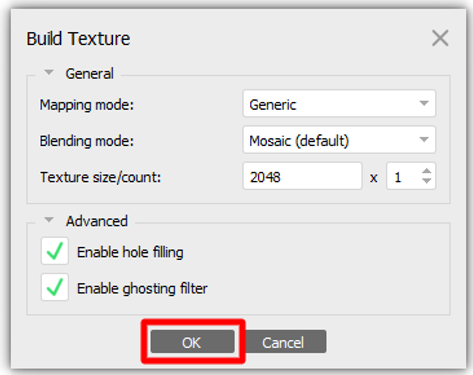 Configuración predeterminada de Build Texture.