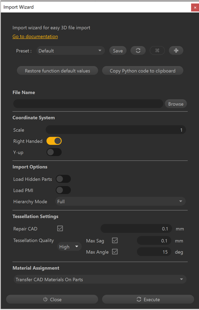 Configuración del cuadro de diálogo Import Wizard.