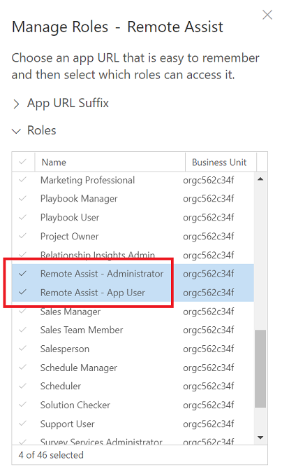 Captura de pantalla de la asignación del rol de aplicación de Dynamics 365.