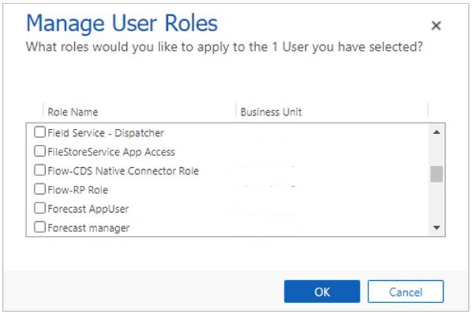 Captura de pantalla del cuadro de diálogo Administrar roles de usuario con los roles borrados