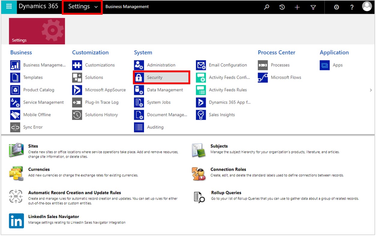 Captura de pantalla con el botón Configuración y la entrada Seguridad resaltada