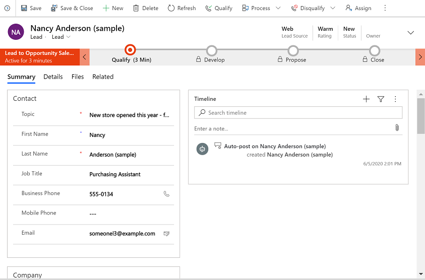 Formulario de ventas en aplicaciones de Dynamics 365.