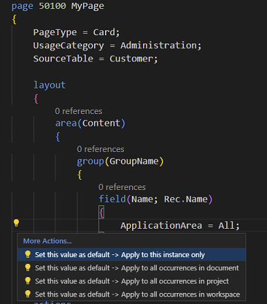 Acción de código para mover ApplicationArea del campo a la página