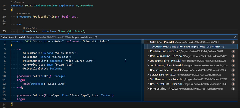 Ir a implementaciones también desde variables codeunit