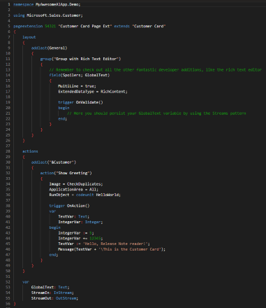 Pequeño ejemplo de código AL con resaltado de sintaxis en DevOps