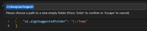 Nueva configuración de al.algoSuggestedFolder para establecer la carpeta predeterminada para nuevos proyectos AL de Visual Studio