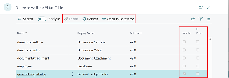 Muestra la página Tablas virtuales disponibles de Dataverse.