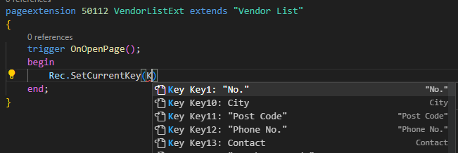 Ejemplo de IntelliSense que muestra claves disponibles para el método SetCurrentKey()