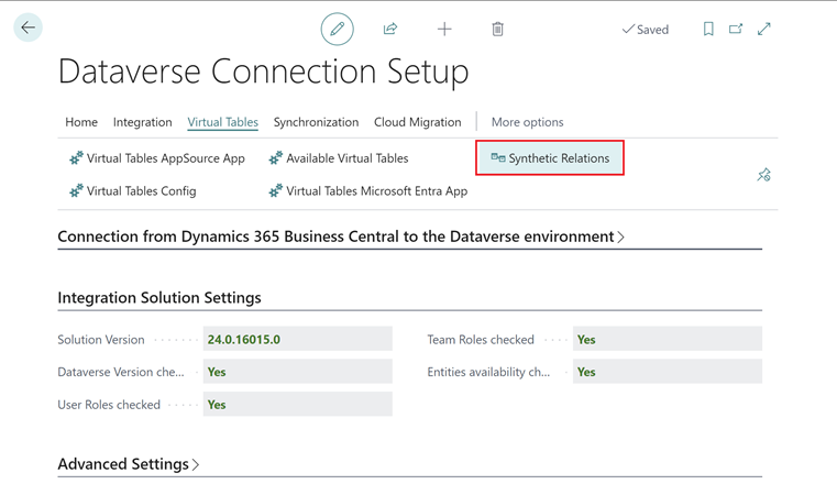 Muestra la acción Nueva relación sintética en la página Configuración de conexión de Dataverse